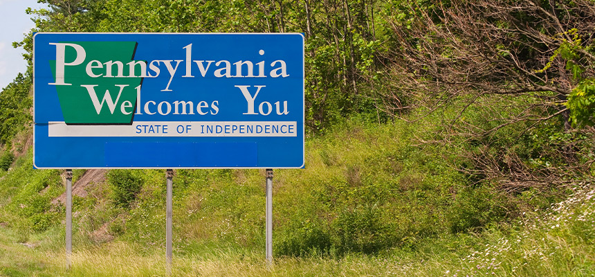 Welcome sign into Pennsylvania