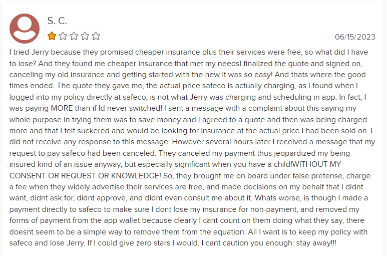 1-star customer review of Jerry insurance