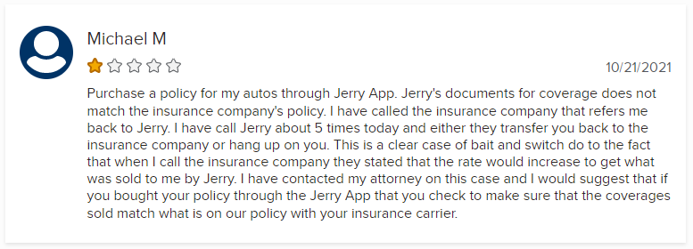 1-star customer review of Jerry insurance