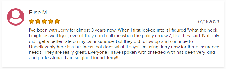 5-star customer review of Jerry insurance
