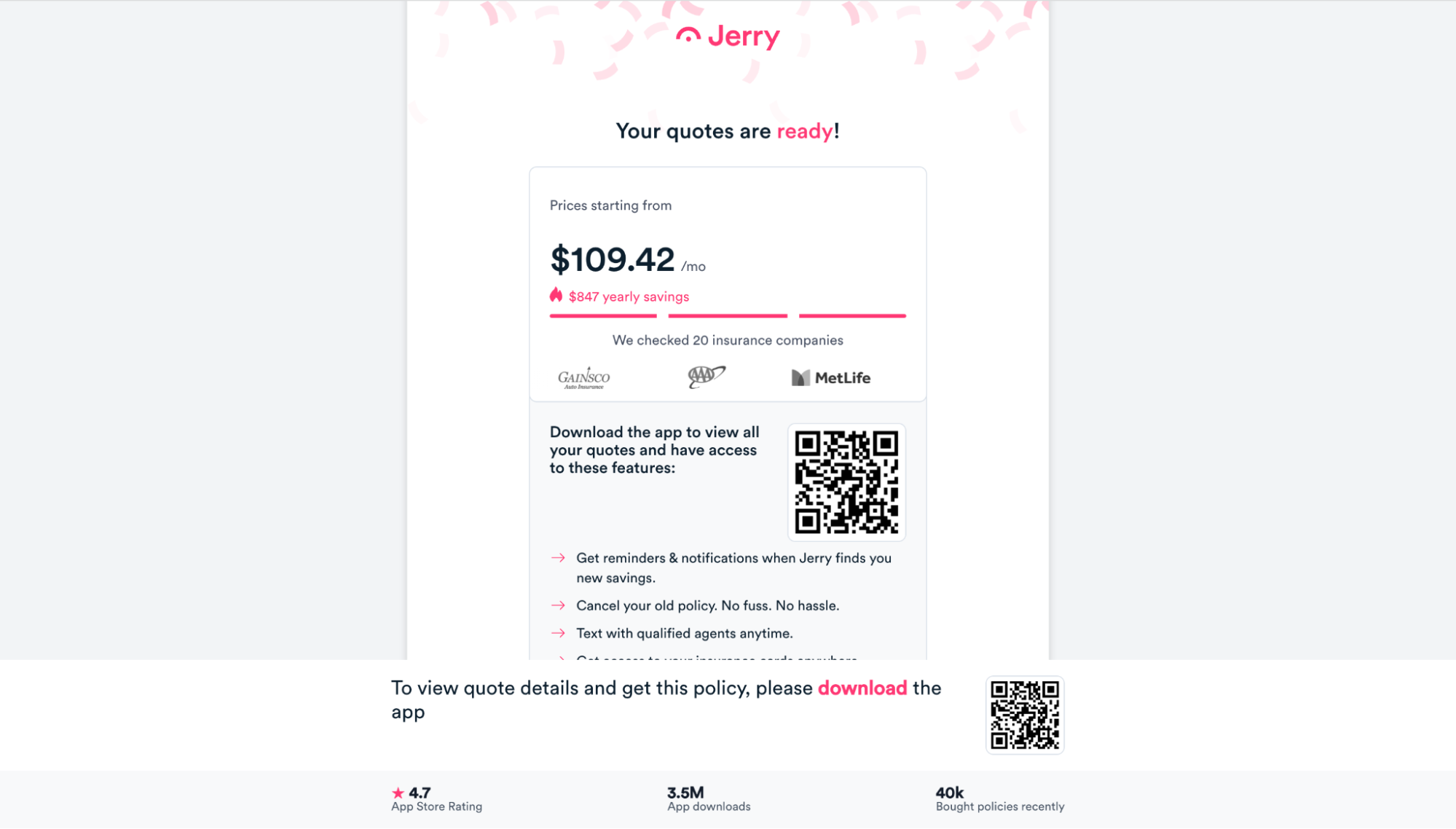 Jerry insurance quote page asking to download the app