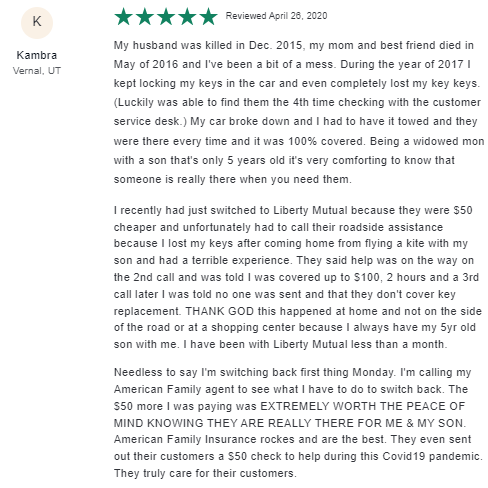5-star customer review of American Family
