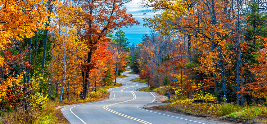 Wisconsin road surrounded by colorful trees