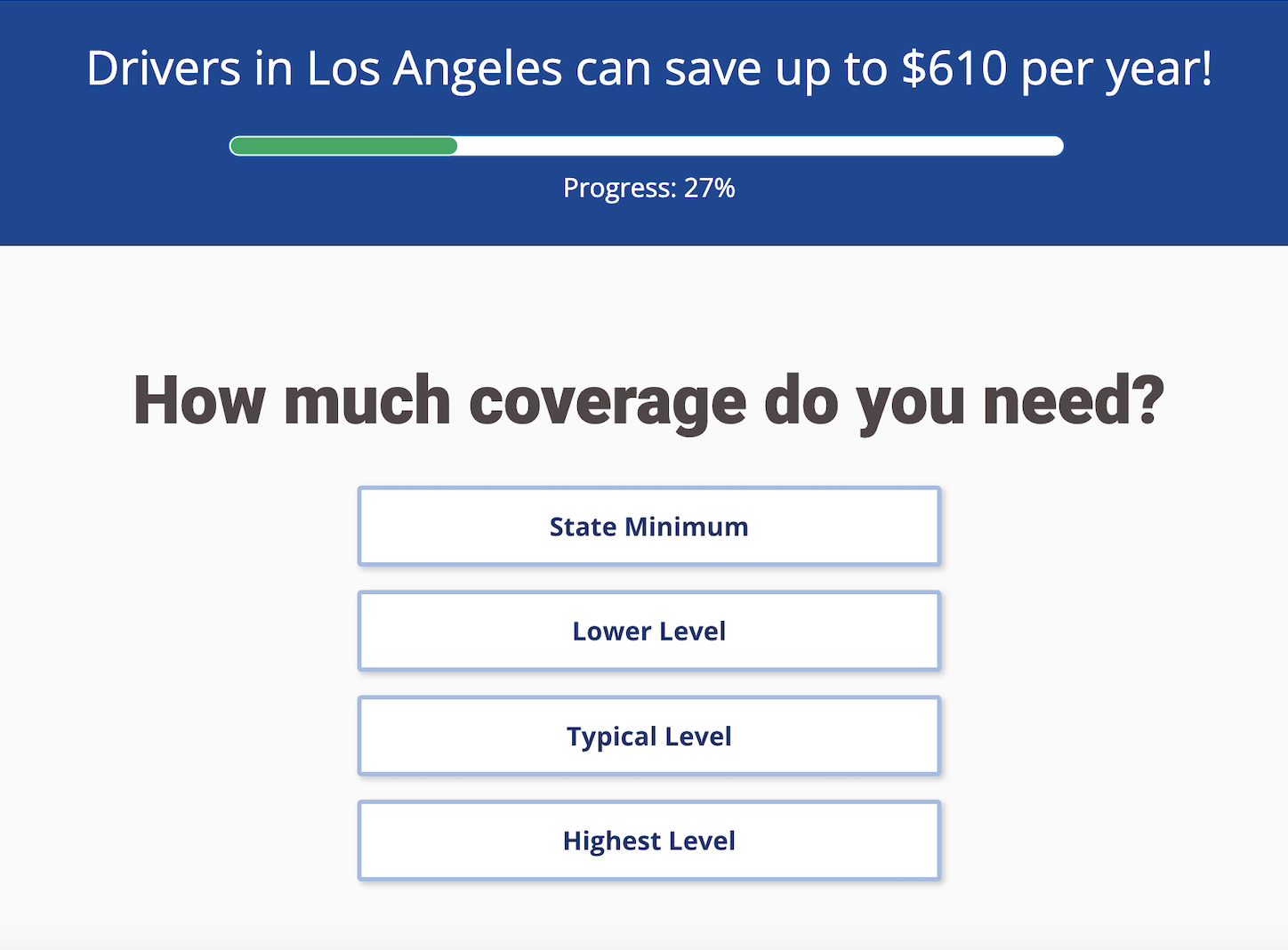 Everquote quote page asking about coverage levels