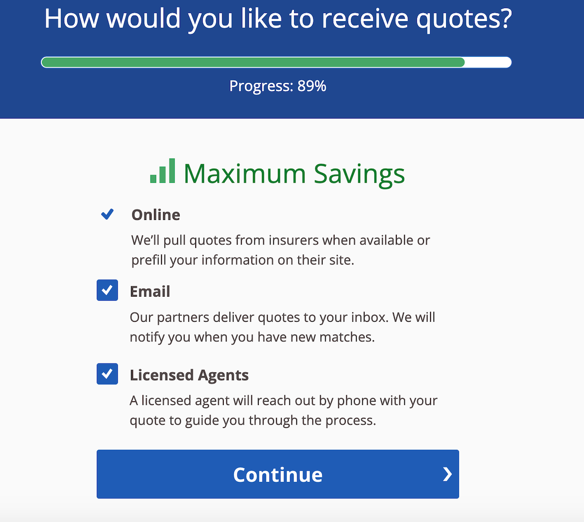 Everquote quote page asking about how you'd like to receive quotes