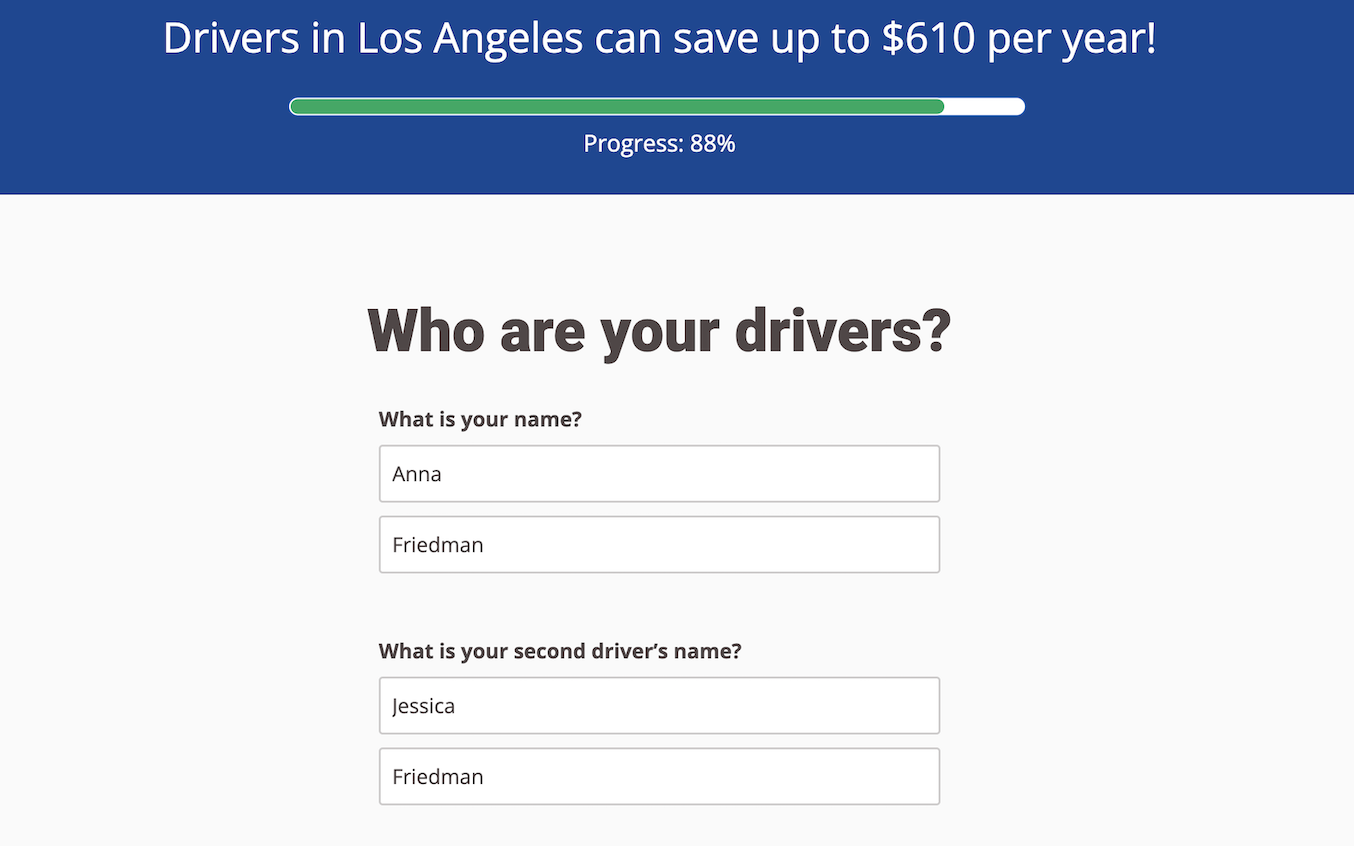 Everquote quote page asking about driver names
