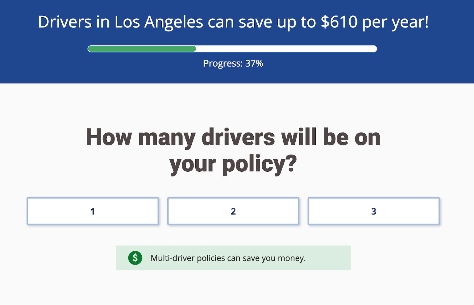 Everquote quote page asking about the number of drivers on the policy