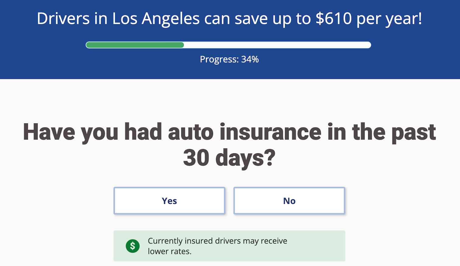 Everquote quote page asking about current insurance