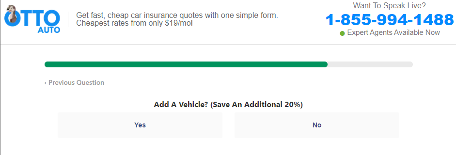Otto Insurance quote page asking if you want to add a second vehicle