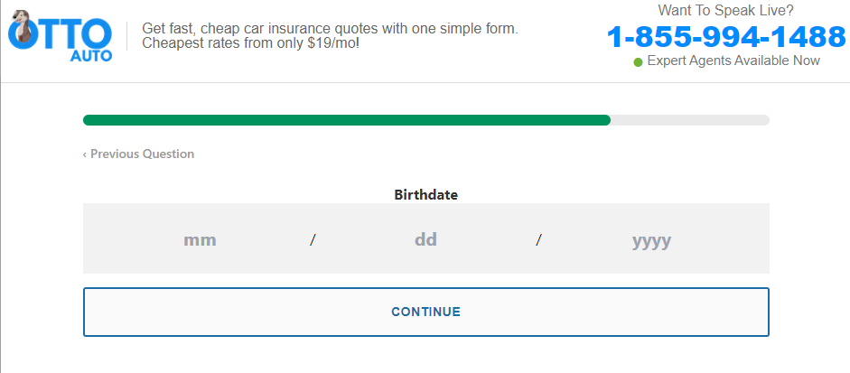 Otto Insurance quote page asking for your birthdate