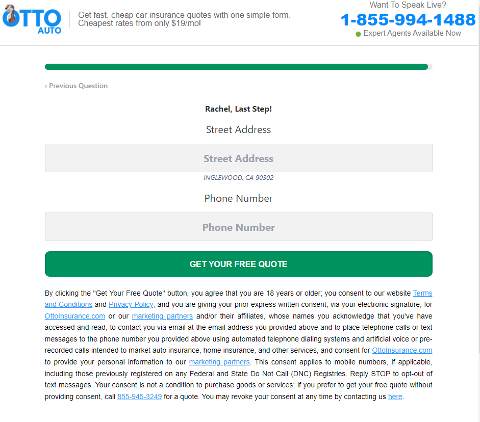 Otto Insurance quote page asking for street address and phone number