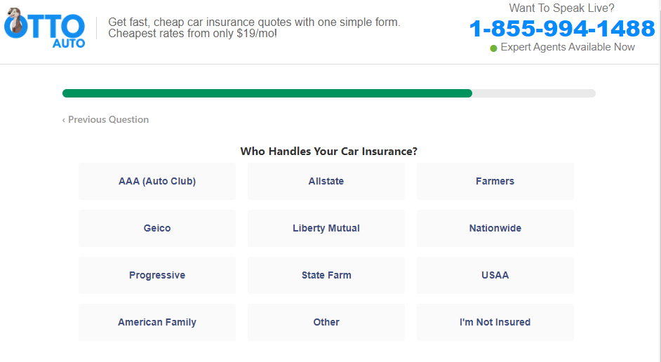 Otto Insurance quote page asking about current insurance company