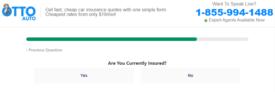 Otto Insurance quote page asking if you're currently insured