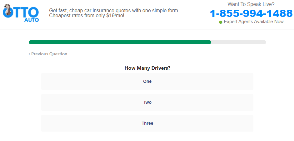 Otto Insurance quote page asking how many drivers will be on the policy