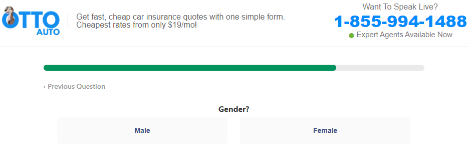 Otto Insurance quote page asking for your gender