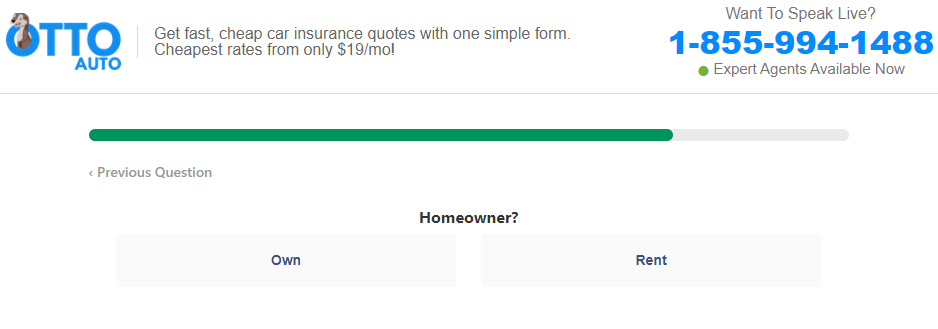 Otto Insurance quote page asking if you're a homeowner