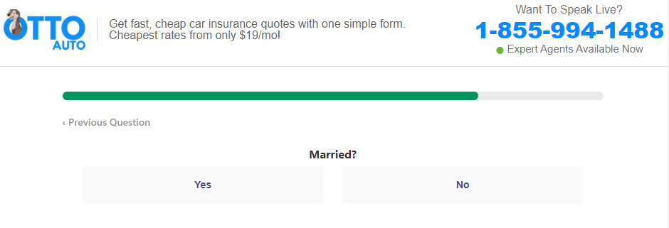 Otto Insurance quote page asking if you're married