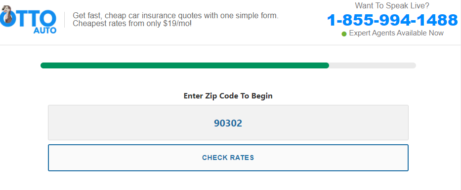 Otto Insurance quote page requesting ZIP code