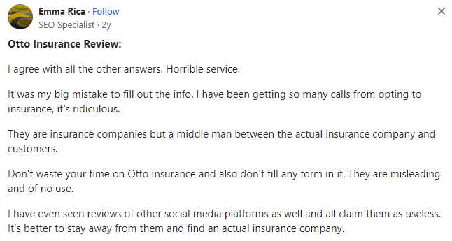 Customer testimonial of Otto Insurance complaining about horrible service.