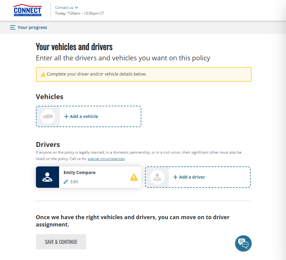 CONNECT insurance quote page requesting information about vehicles and drivers
