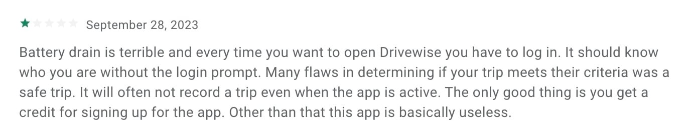 1-star review of Allstate Drivewise on the Google Play store