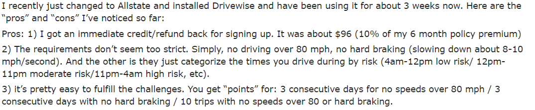Allstate Drivewise testimonial by a user on Reddit