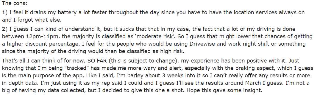 Allstate Drivewise testimonial by a user on Reddit