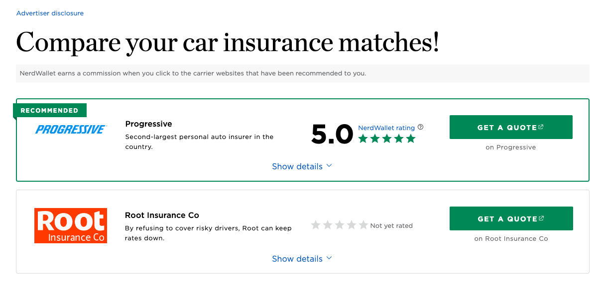 compare insurance matches screen