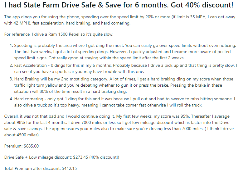 Drive Safe & Save testimonial from a user on Reddit