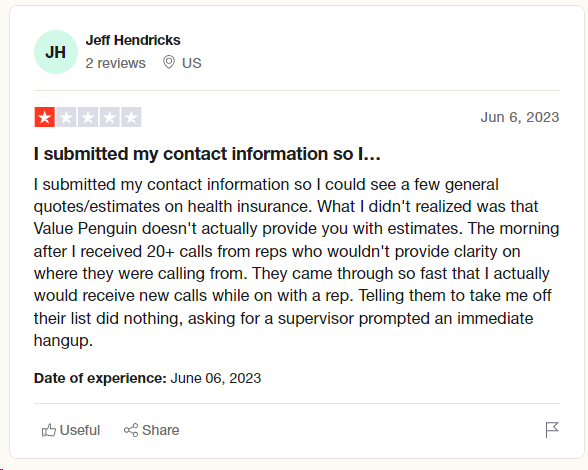 1-star customer review of ValuePenguin