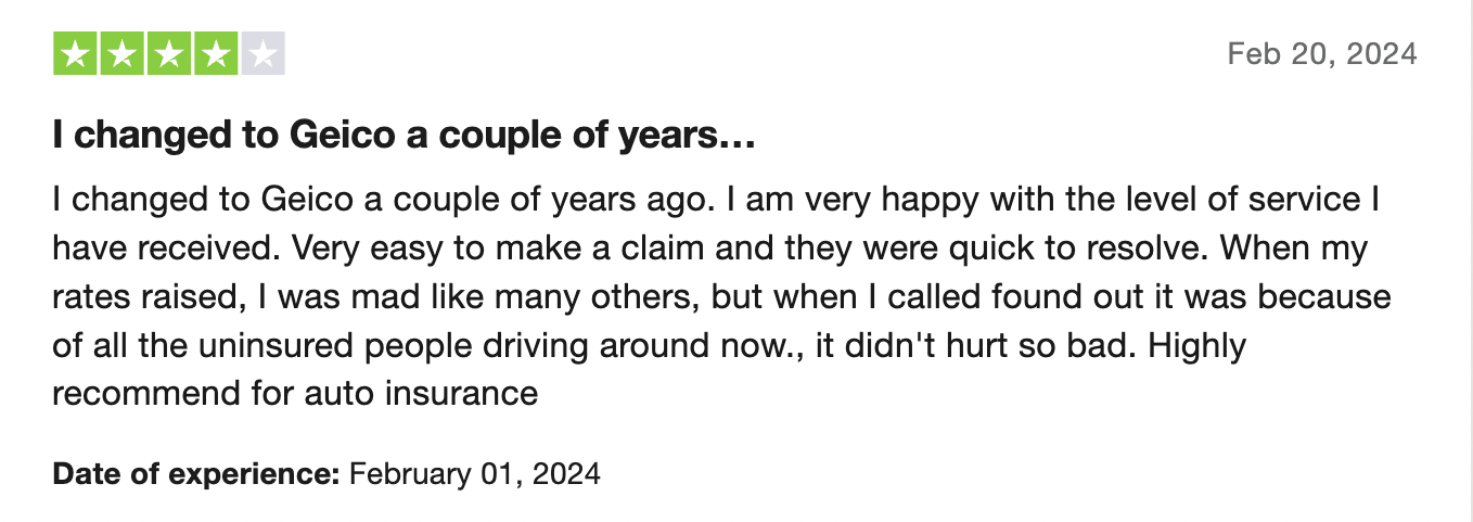 4-star customer review of GEICO