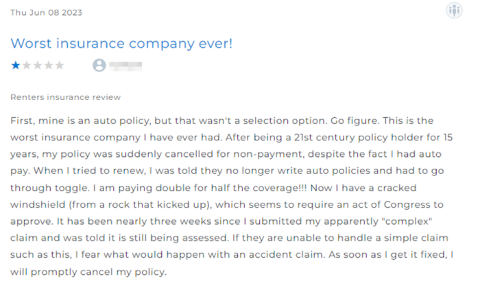 Toggle Insurance 1-star review